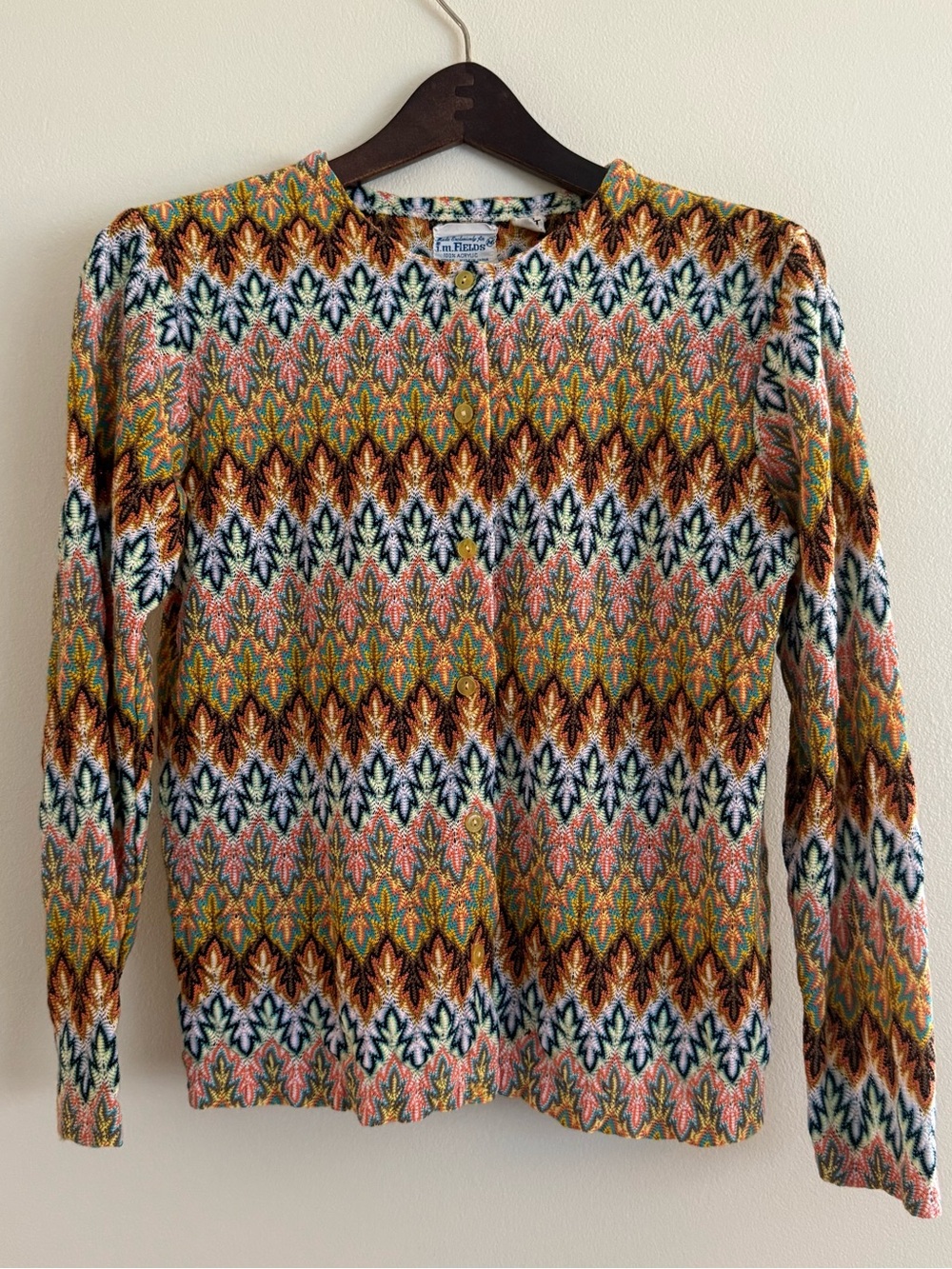Vintage 60s 70s J.M. Fields Flamestitch Chevron Knit Cardigan Blouse